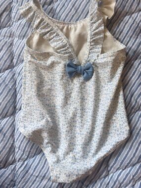 H&M Cream and Light Blue Floral Ruffle One-Piece Swimsuit with Bow
